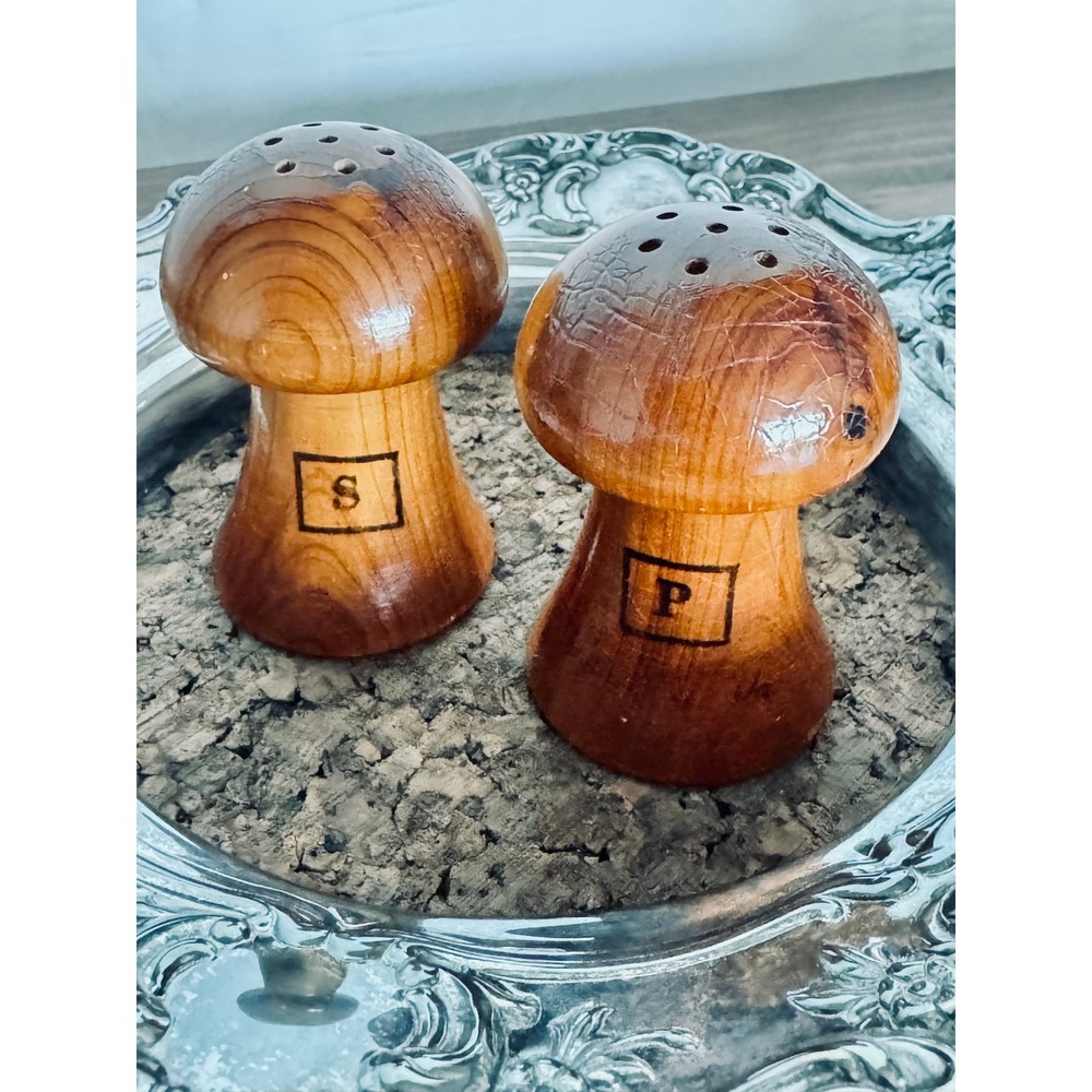 Vintage Mushroom Wood Salt and Pepper Shakers Set BrownGlossy Mid Century Rustic
